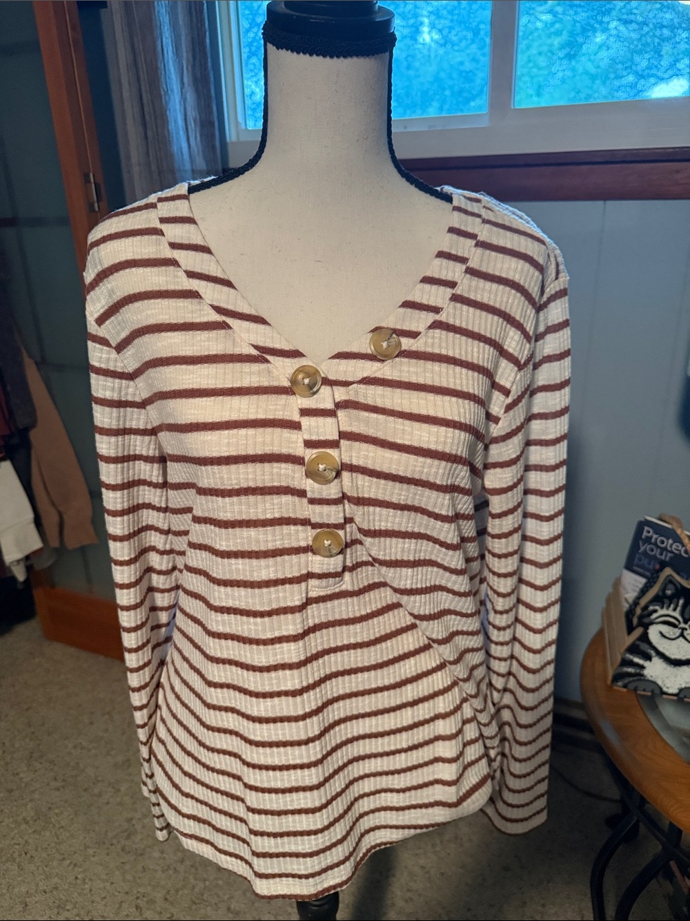 Maurices Cream & Brown Striped Button-Accent Long Sleeve Top